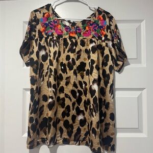 Leopard Print Blouse with Floral Embroidery